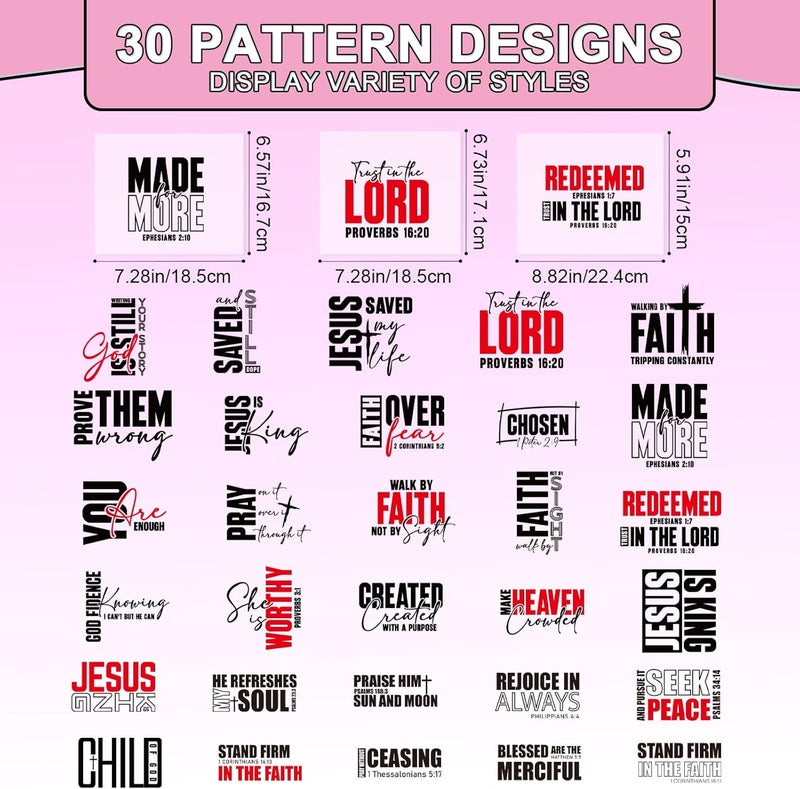 Shejdgart Dtf Transfers Ready to Press - 30 Pcs Christian Bible Verse Inspirational Iron on Patches for T-Shirts, Religious Iron on Stickers Heat Transfer Vinyl Decals for DIY Fabric Clothes Decor - Image 2